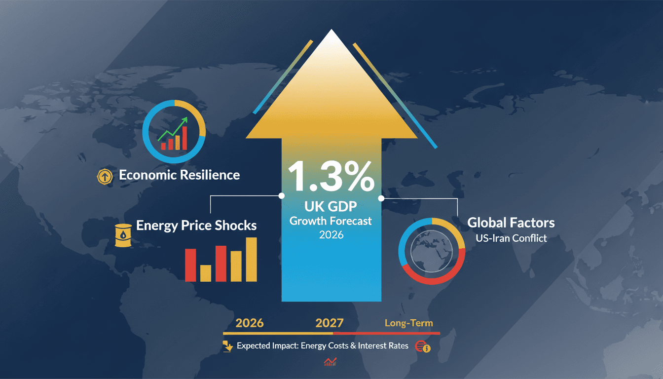 Infographic showing IMF's upgraded UK GDP growth forecast of 1.3% and key economic indicators.
