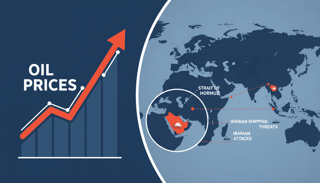 A graphic showing rising oil prices with a map of the Strait of Hormuz and conflict zones.