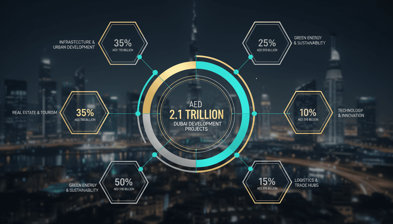 Infographic detailing Dubai's AED 2.1 trillion development projects across various sectors.