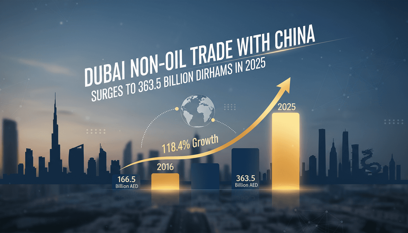 Infographic showing Dubai-China non-oil trade growth to 363.5 billion dirhams in 2025.
