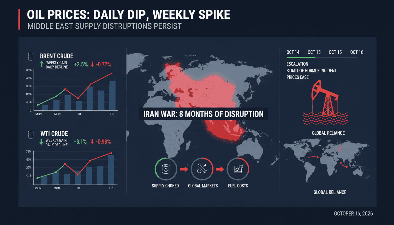 A graphic showing fluctuating oil prices with a focus on WTI and Brent crude amid Middle East tensions.