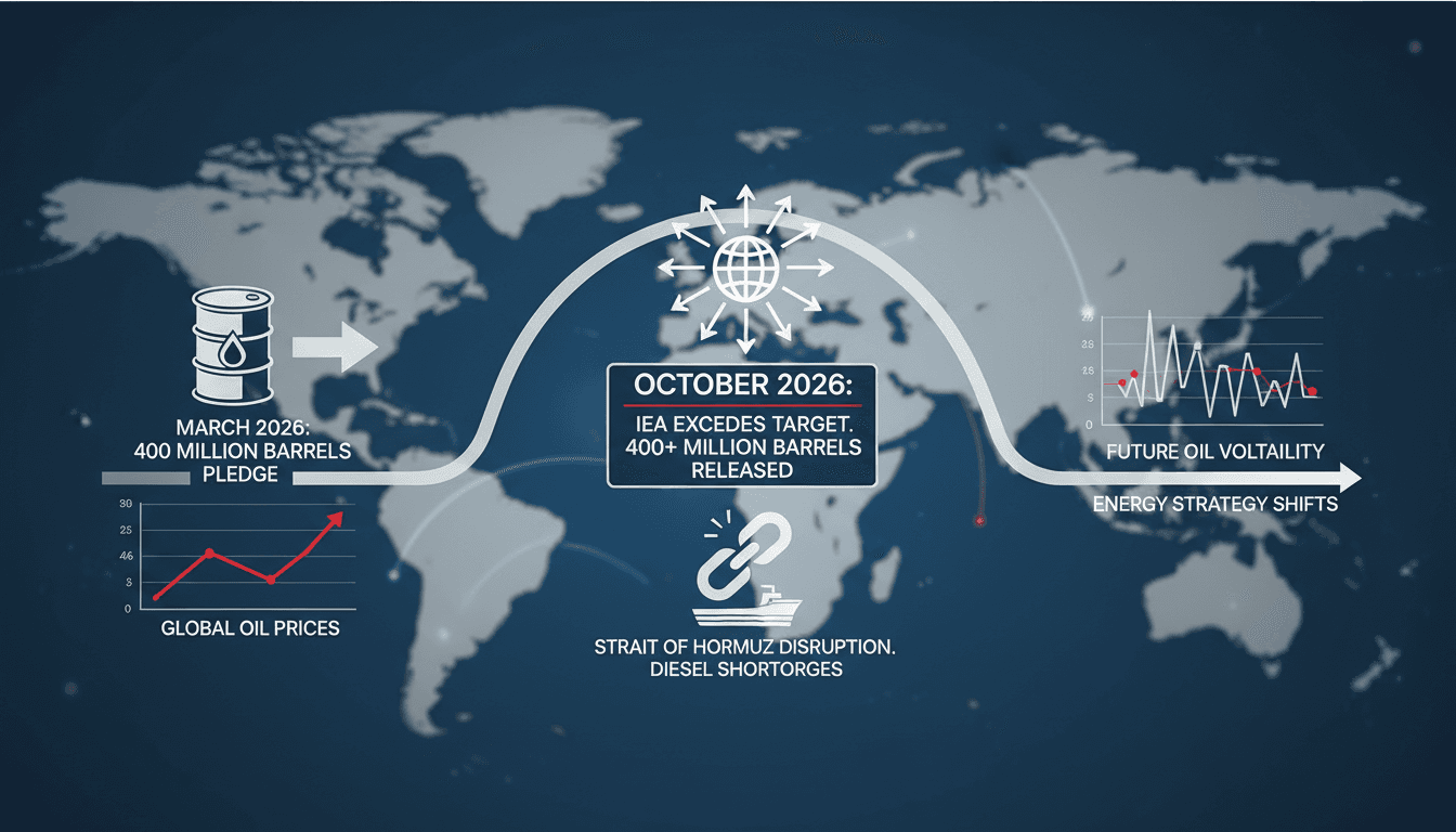 Infographic showing IEA oil stock release timeline and global price impacts.