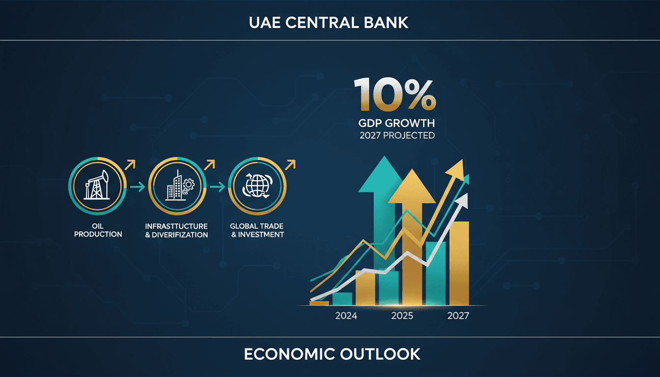 Infographic illustrating UAE's projected 10% GDP growth and key economic sectors driving this expansion.