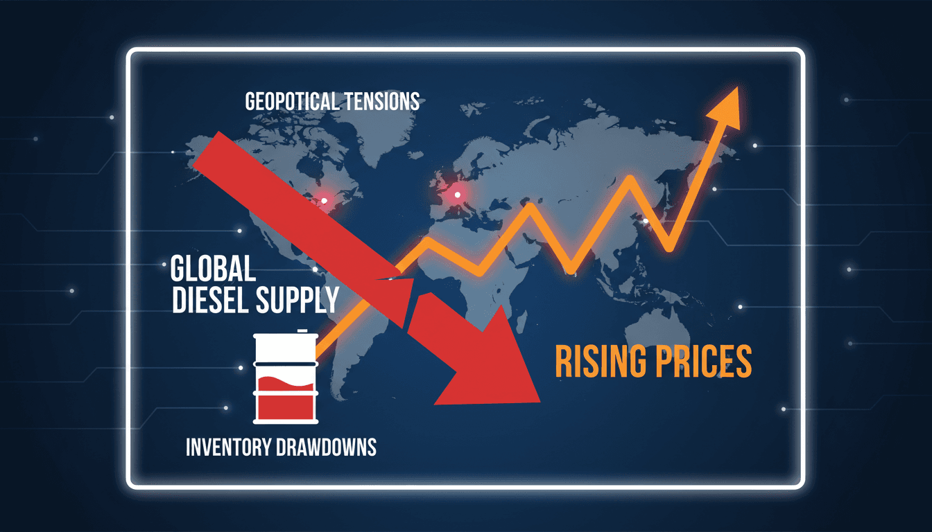 A graph showing the decline in global diesel exports and rising prices amid geopolitical tensions.