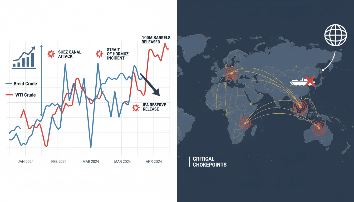 A chart showing the fluctuation of Brent and WTI oil prices alongside geopolitical events impacting the market.