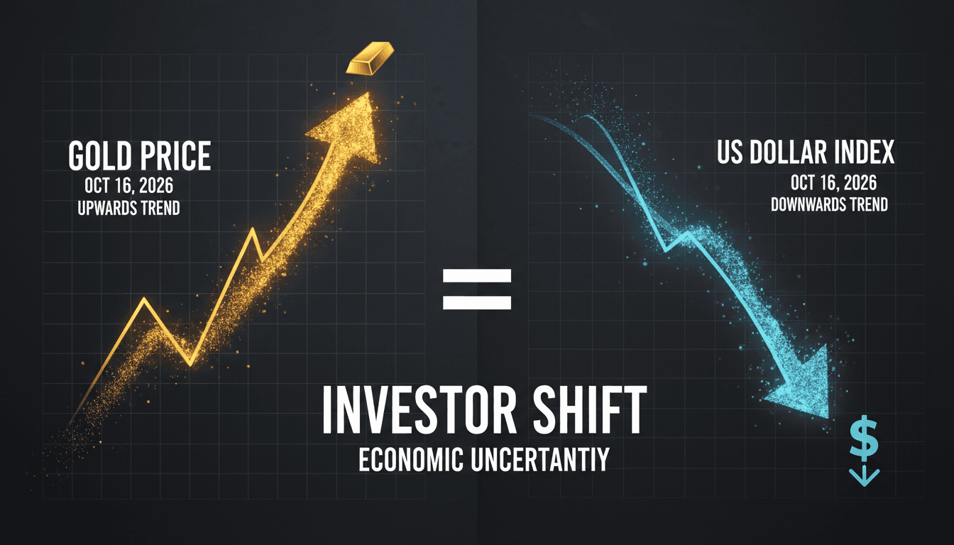 A visual representation of rising gold prices against a backdrop of a declining US dollar index.