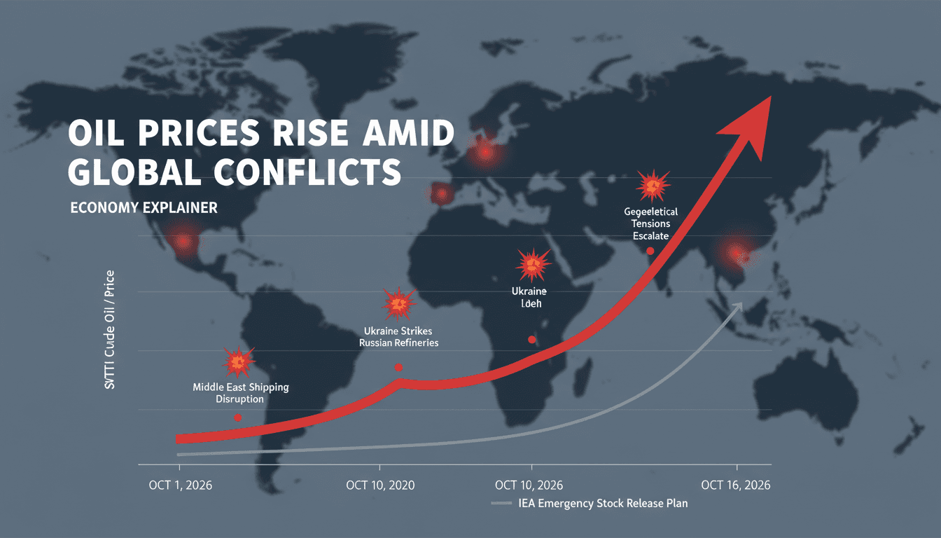A chart showing the surge in oil prices due to geopolitical tensions in the Middle East and Ukraine.