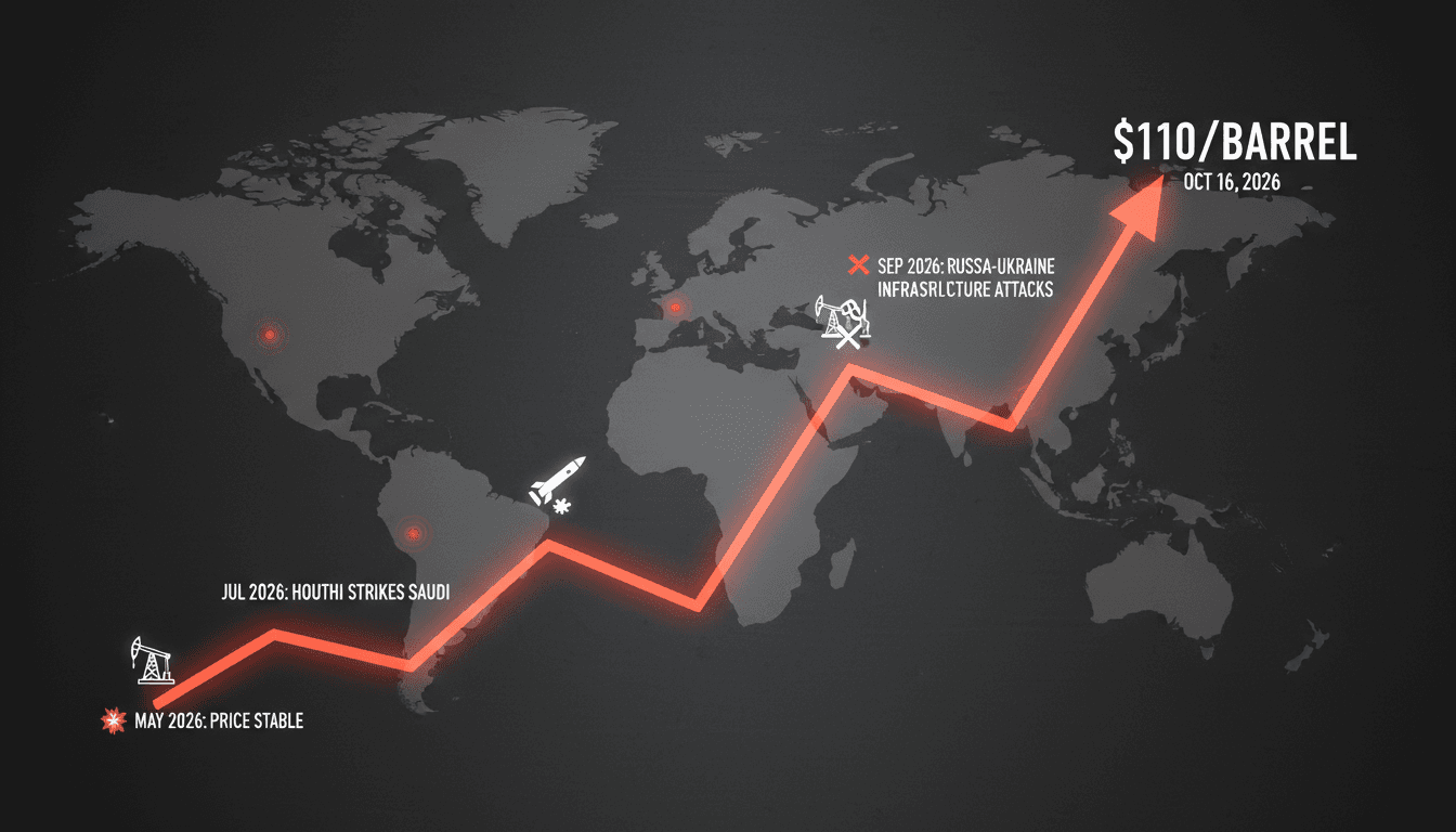 A graph showing the rise of Brent crude oil prices alongside geopolitical events affecting supply.