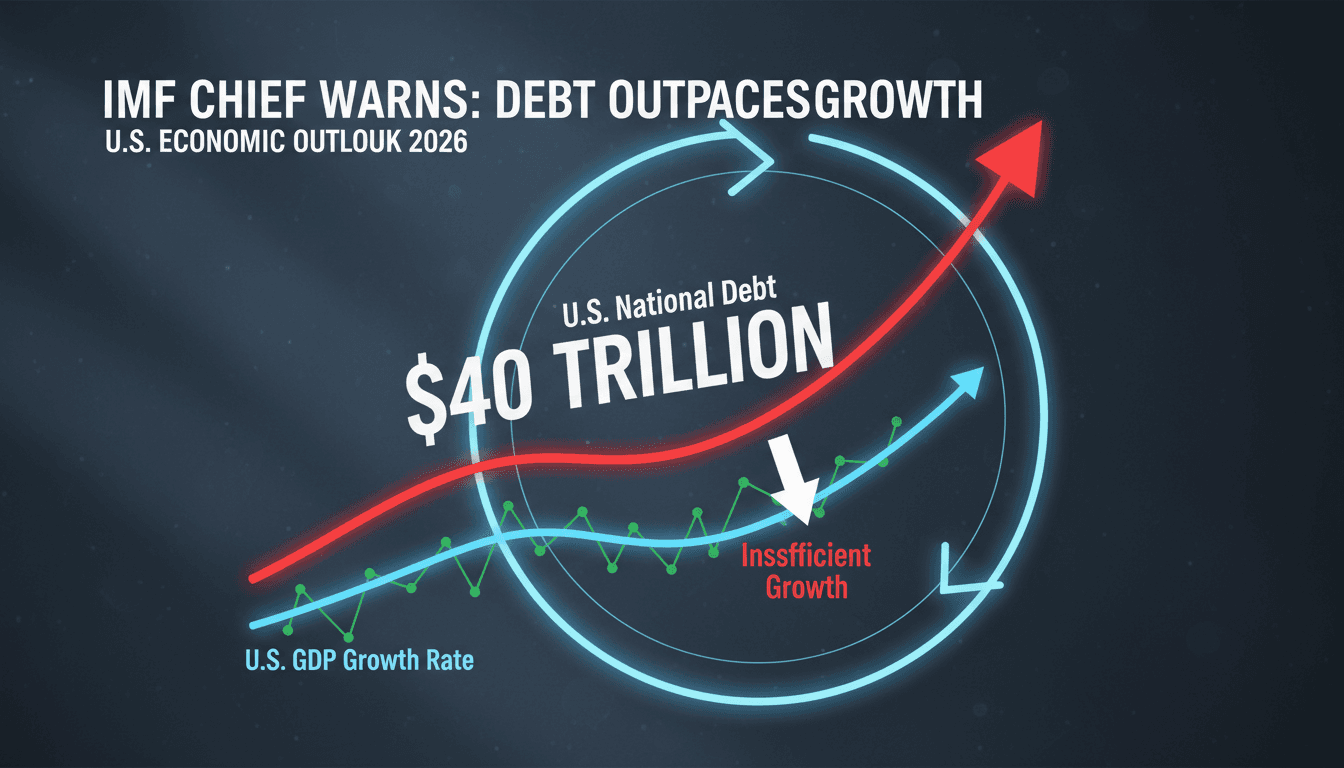 Infographic illustrating U.S. national debt and economic growth trends, highlighting IMF warnings.