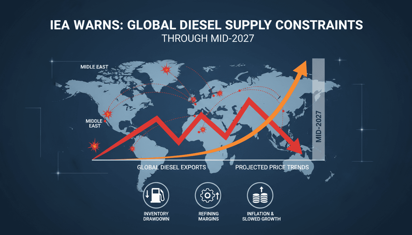 An infographic showing the decline in global diesel supply and rising prices due to geopolitical disruptions.