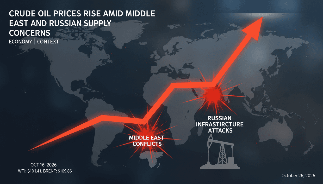 A graphic illustrating the surge in crude oil prices alongside geopolitical events affecting supply.