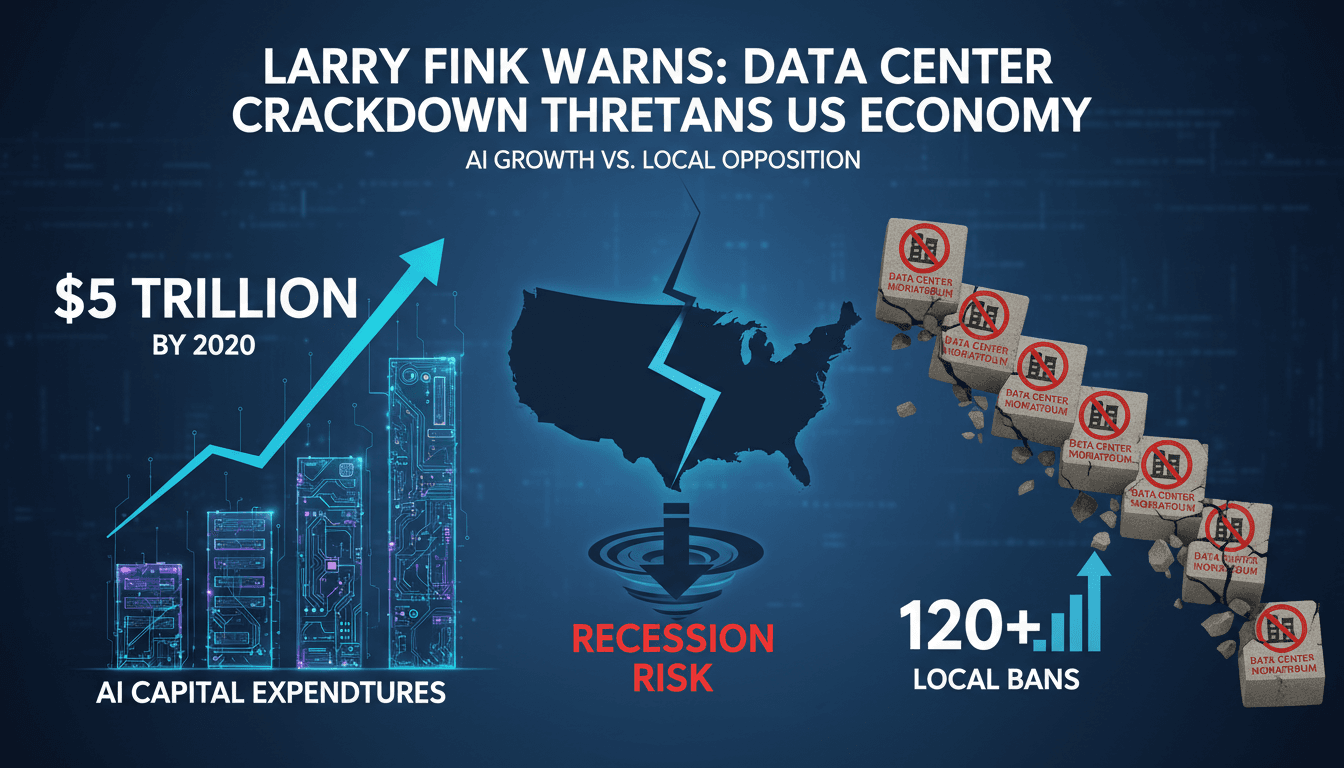 Infographic showing projected AI capital expenditures and local moratoriums on data centers.
