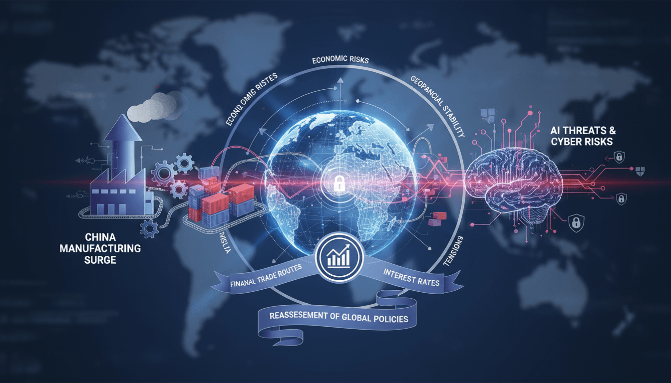 Infographic showing the impact of China's manufacturing surge and AI risks on global finance and trade dynamics.