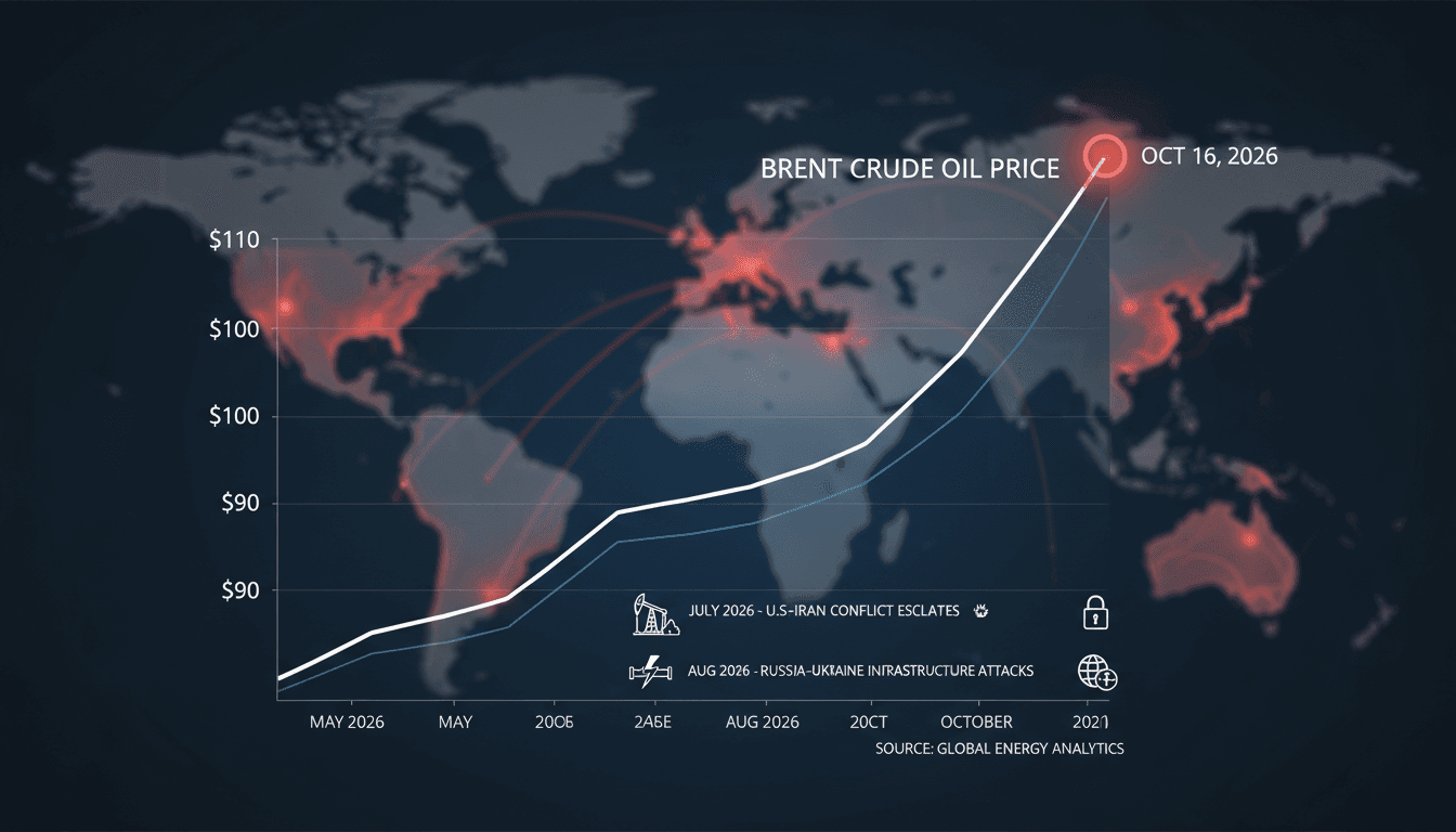 A graph illustrating the rise of Brent crude oil prices alongside geopolitical events affecting supply.
