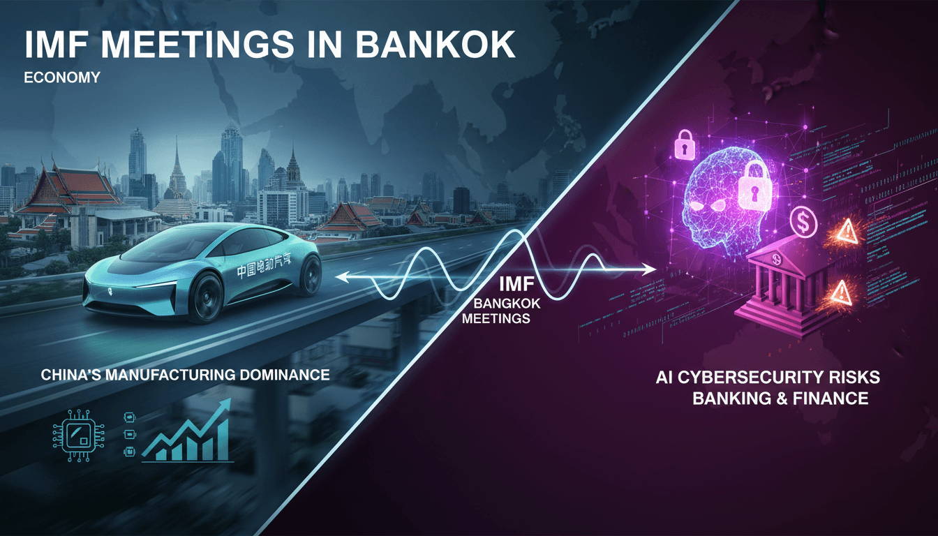 An infographic showing the rise of Chinese EVs in Thailand and AI cybersecurity risks discussed at the IMF meetings.