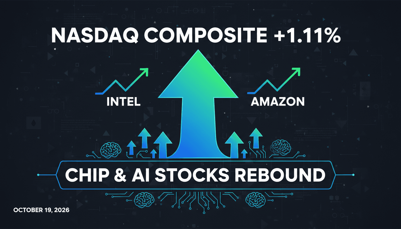 A chart showing the Nasdaq Composite's rise with highlights on semiconductor and AI stocks.