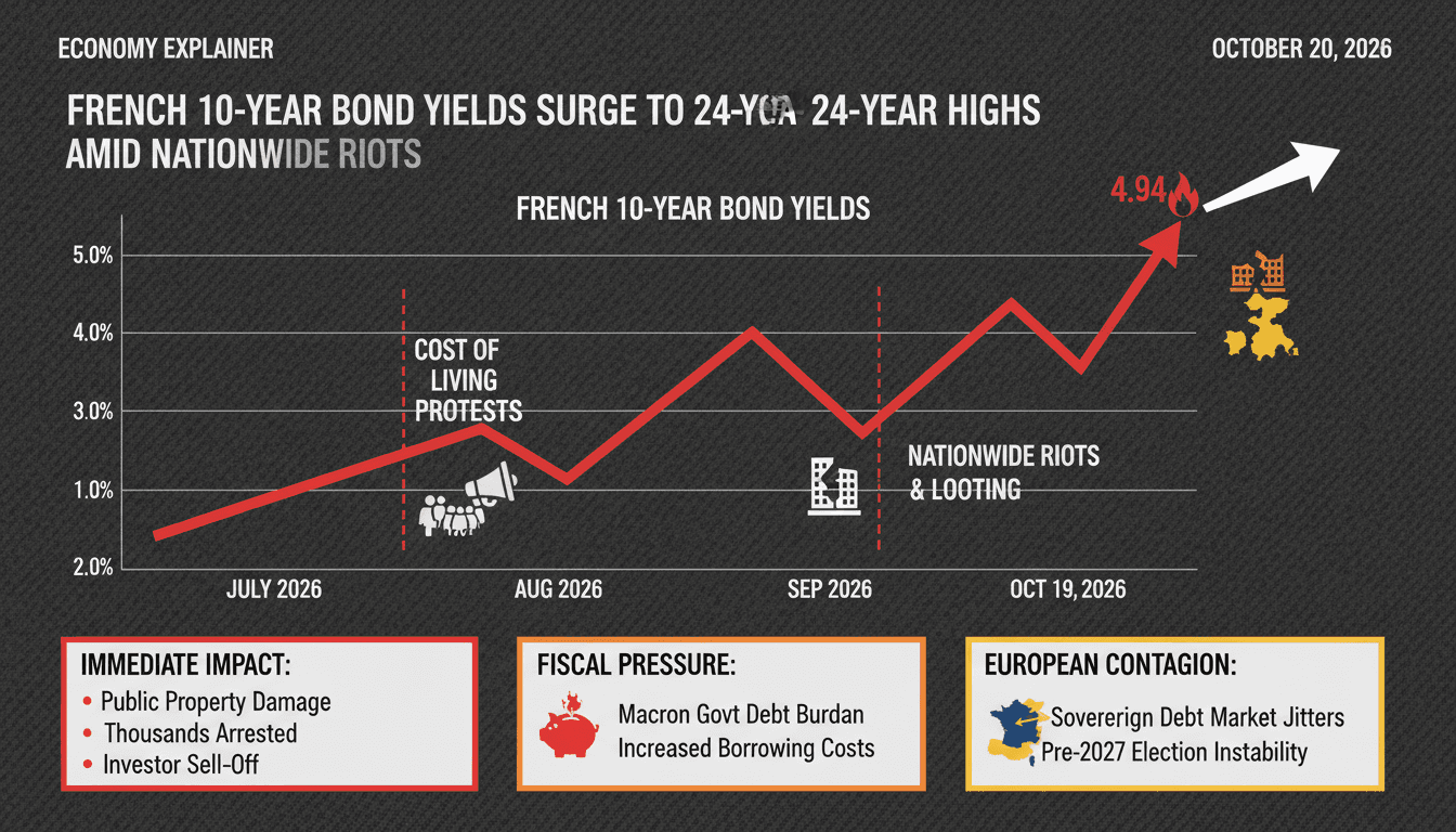 A graph showing the rise of French bond yields alongside images of protests and economic indicators.