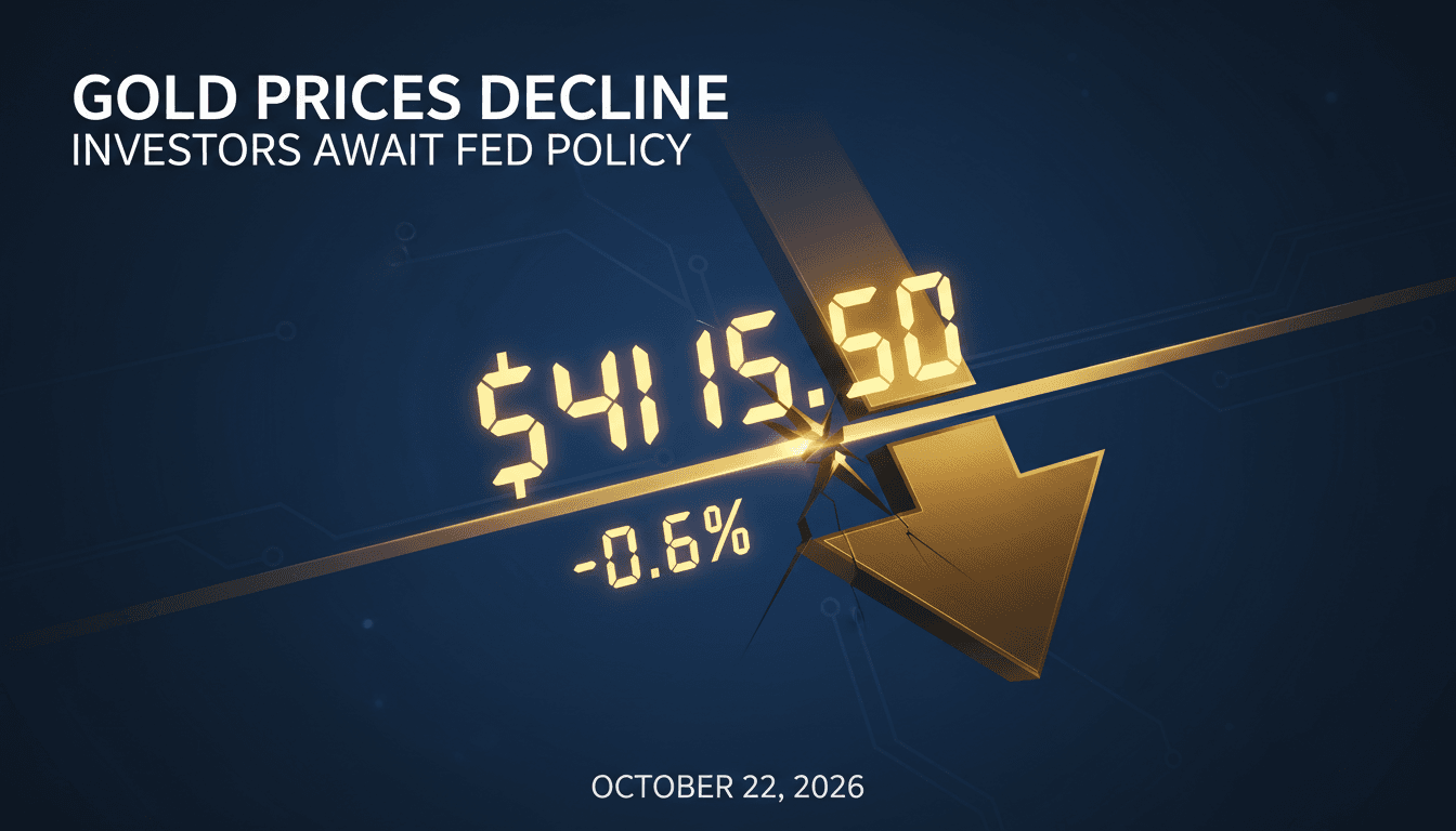A graphic showing the decline in gold prices to $4115.50 amid Federal Reserve policy signals.