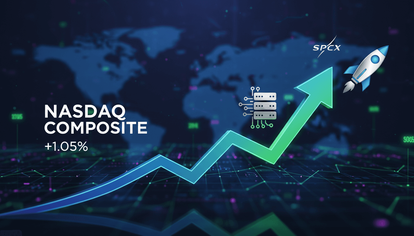 A graphic showing the Nasdaq Composite's rise with SpaceX and Super Micro logos, highlighting AI investment trends.