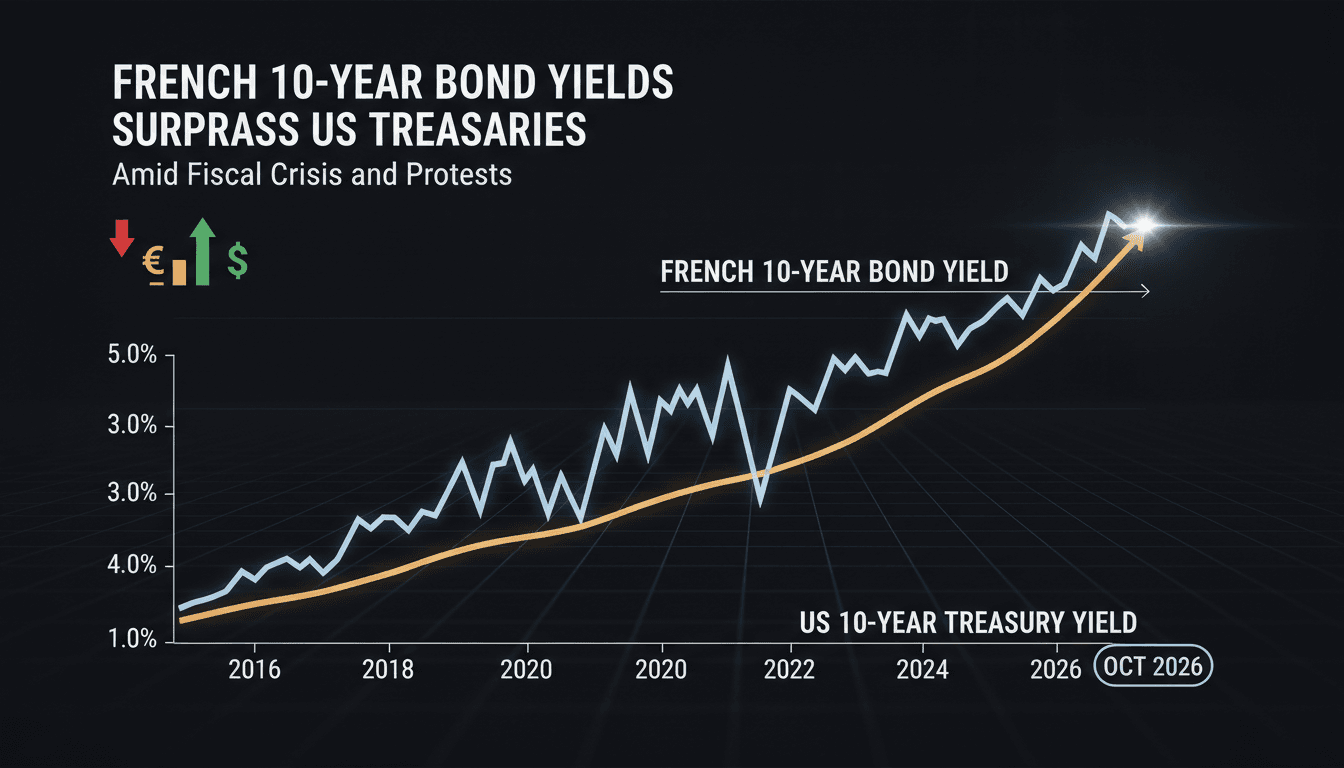 A graph showing the rise of French bond yields surpassing US Treasuries, highlighting fiscal instability.