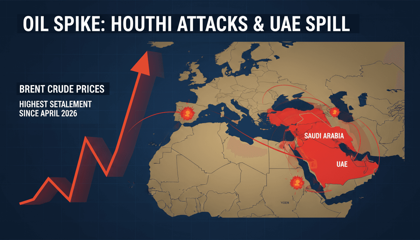 A chart showing the rise in Brent crude prices with a map of the Middle East highlighting conflict areas.
