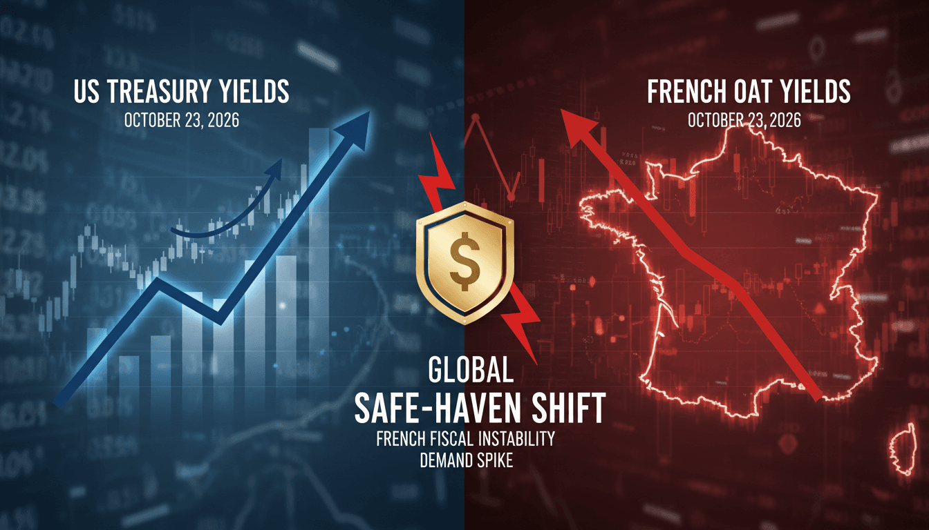 A graphic illustrating the rise in US Treasury yields and the decline in French OAT yields amidst fiscal instability.