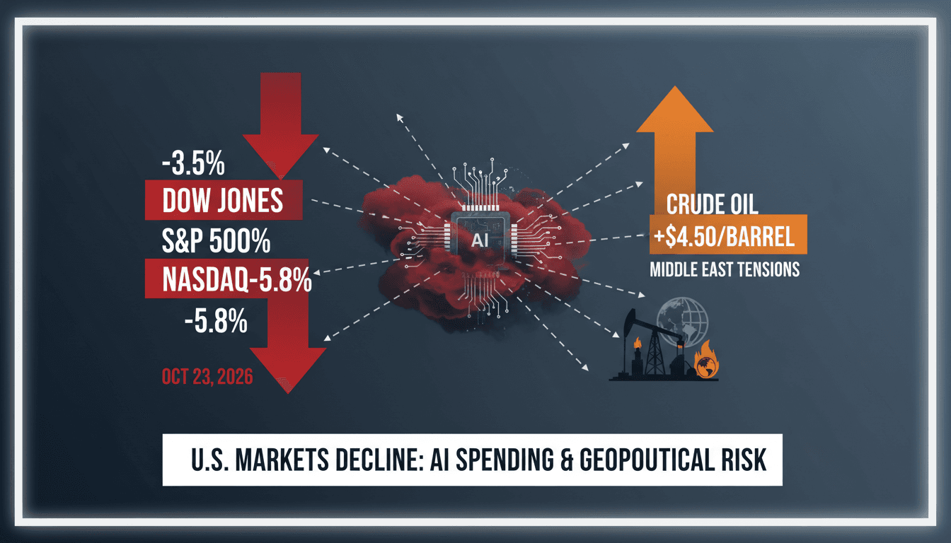 A visual representation of U.S. stock market declines and rising oil prices amid AI and geopolitical concerns.