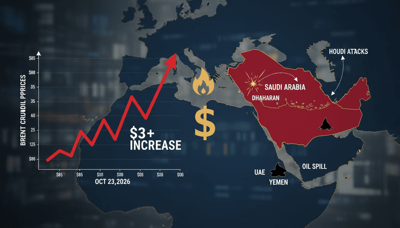 A graph showing the rise in Brent crude prices alongside a map of Saudi Arabia and the UAE.