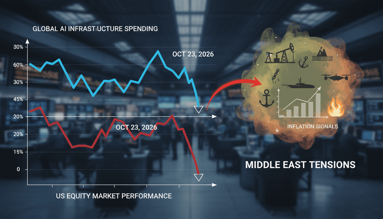 A chart showing the decline of US equity markets alongside rising oil prices and geopolitical tensions in the Middle East.