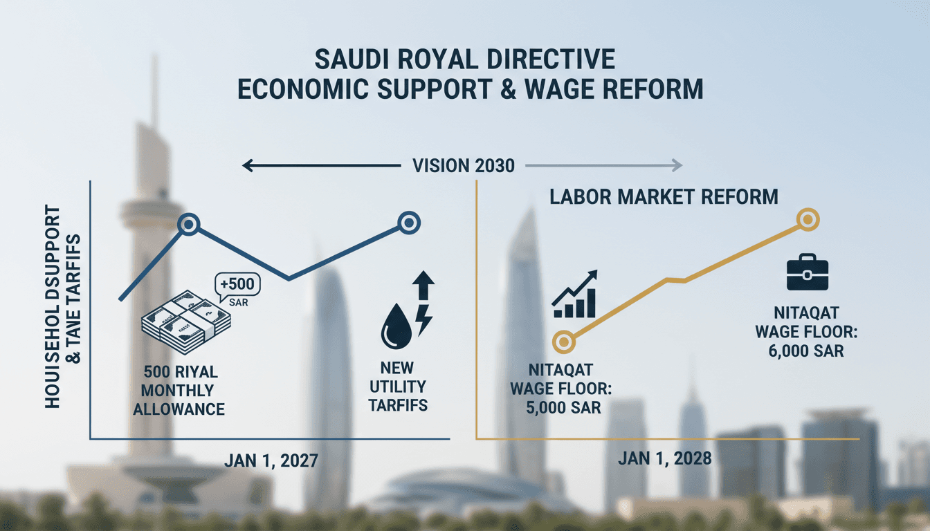 Infographic timeline of Saudi Arabia's Nitaqat wage threshold adjustments and utility tariff restructuring schedules