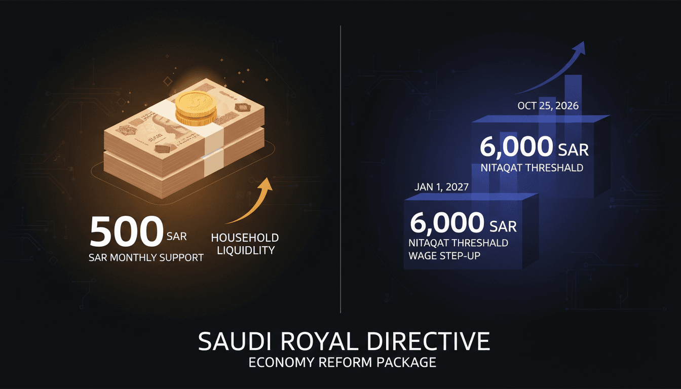 Infographic illustrating Saudi Arabia's 500 Riyal allowance beside the phased 5,000 and 6,000 Riyal Nitaqat wage thresholds.