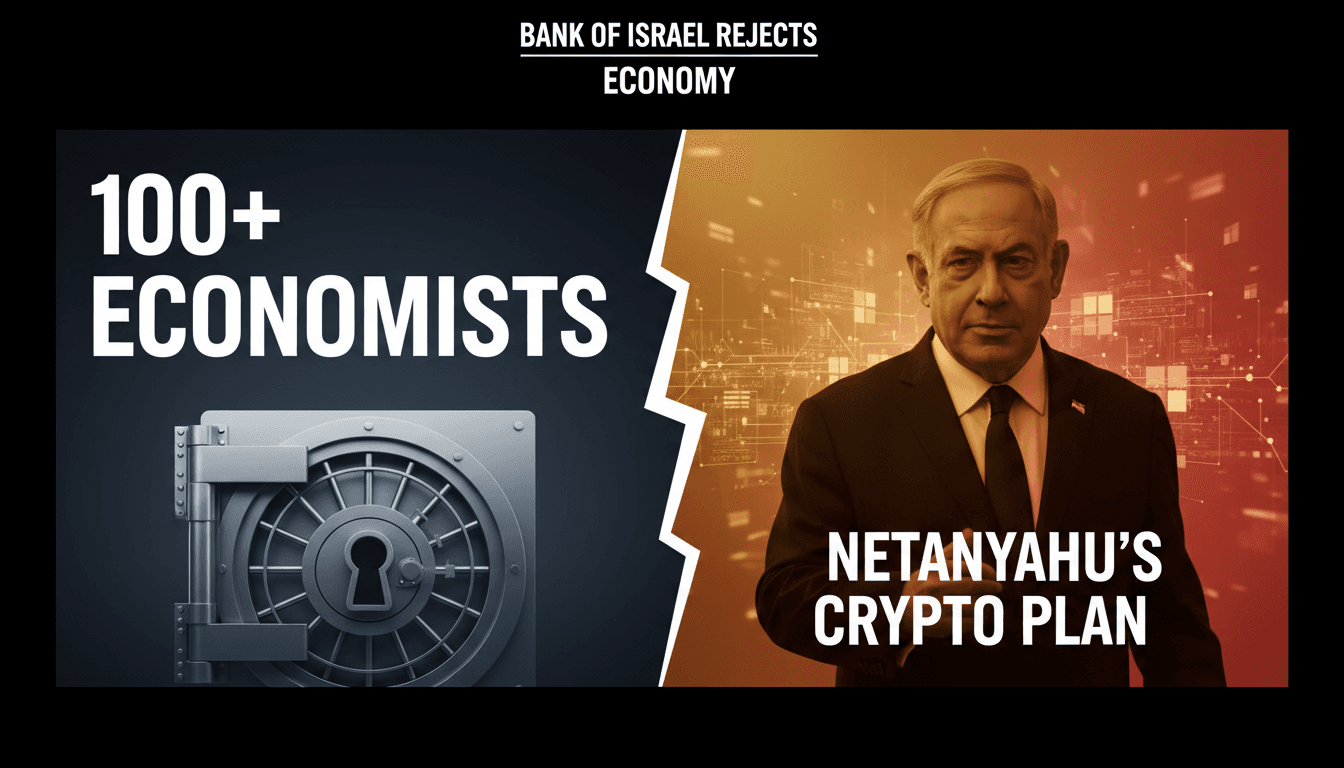 Architectural rendering of the Bank of Israel headquarters overlaid with financial data charts