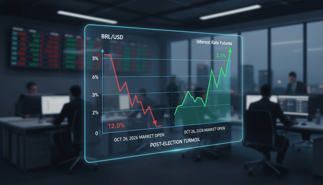 Line chart illustrating the 12 percent drop in the Brazilian real and equity market circuit breakers following the presidential election.