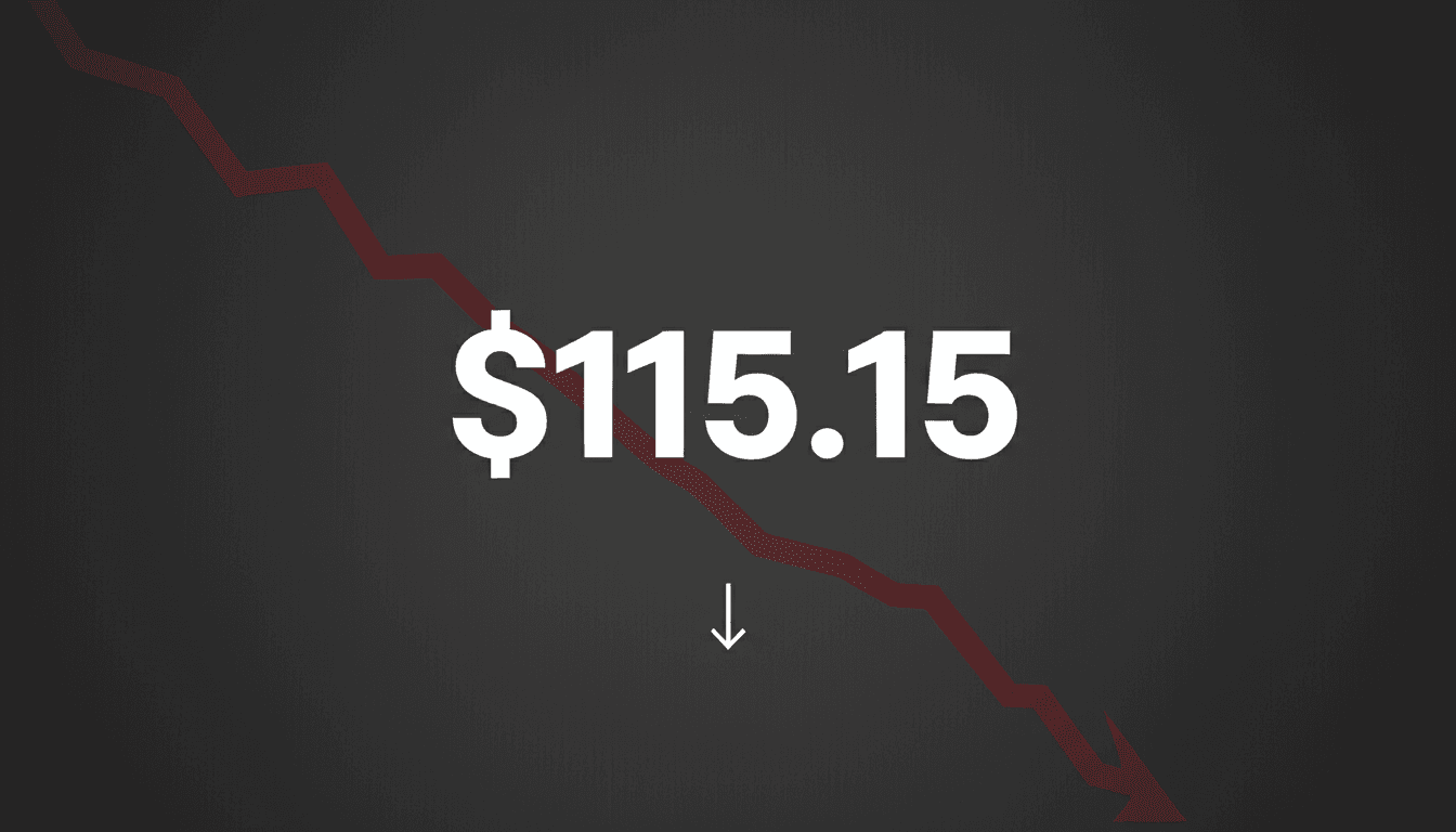 Minimalist financial chart showing Brent crude oil prices at 115 dollars per barrel downward trend