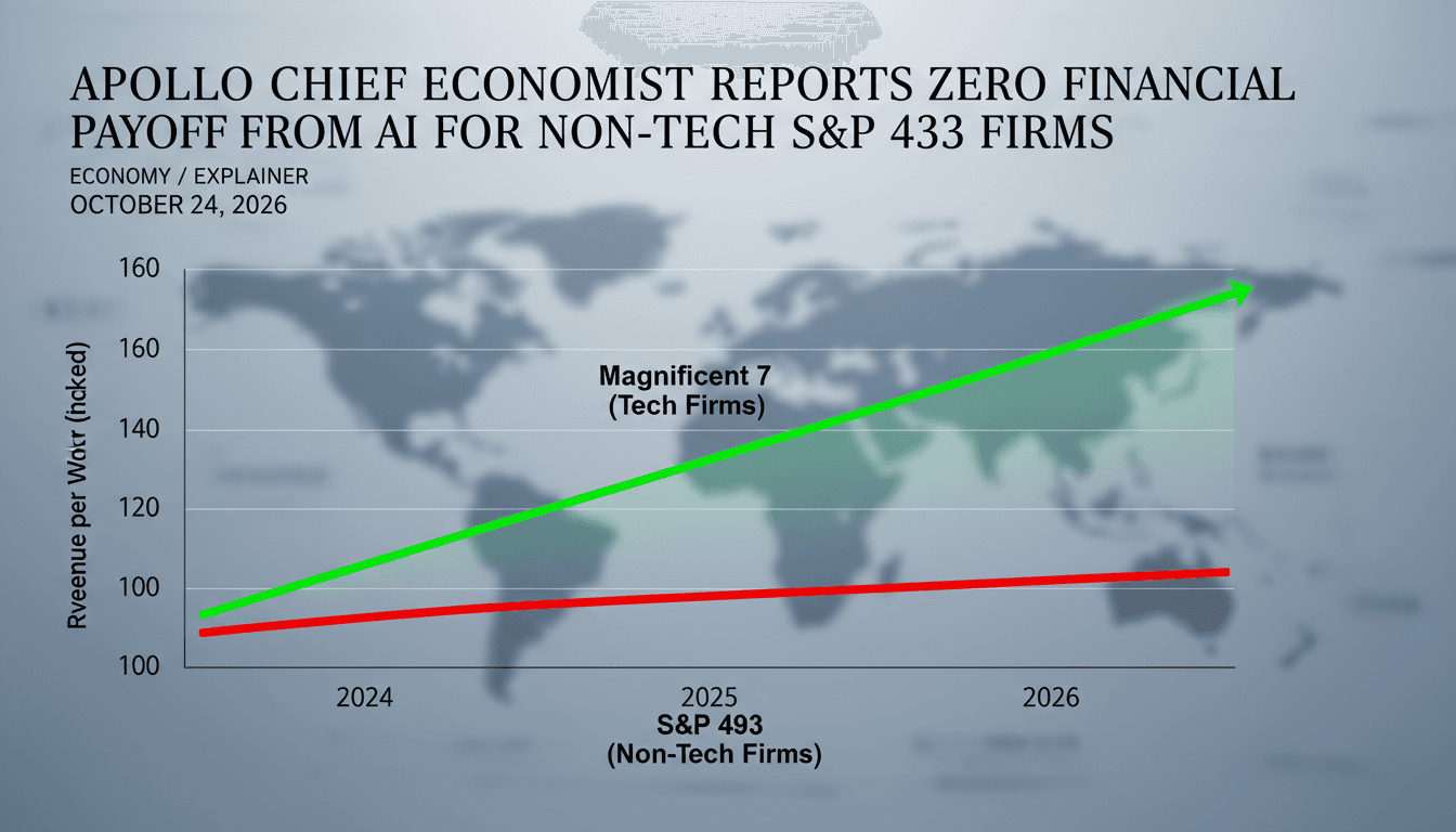 Dual line chart comparing rising revenue per worker for Mag 7 tech firms against flat S&P 493 metrics illustrating zero AI financial payoff