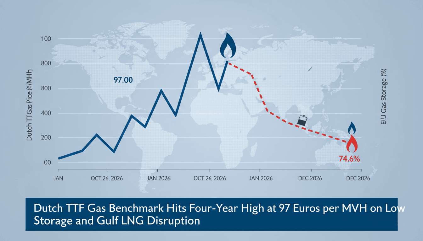 Line graph tracking European natural gas prices reaching 97 euros per megawatt-hour alongside depleted storage levels