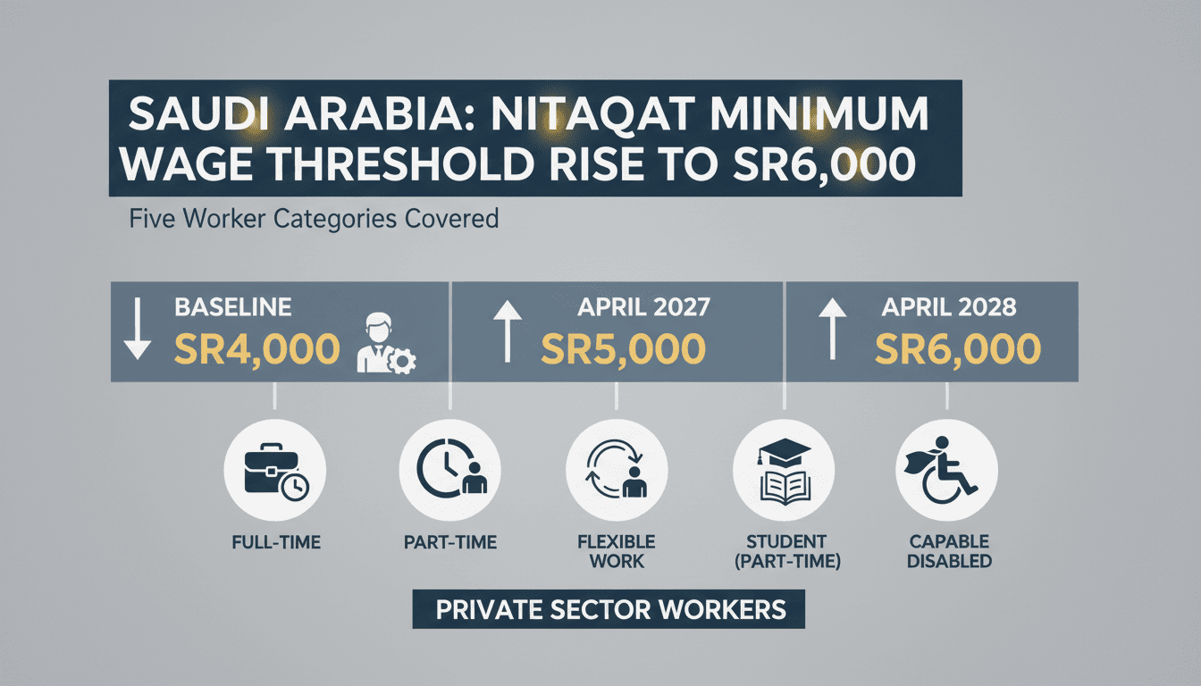 Timeline graphic showing Saudi Nitaqat minimum wage threshold increasing from SR4,000 to SR6,000 across phased dates.