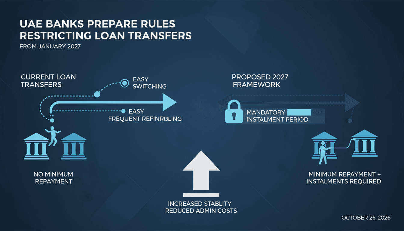Minimalist financial diagram illustrating the proposed 2027 UAE loan transfer restrictions and borrower timelines