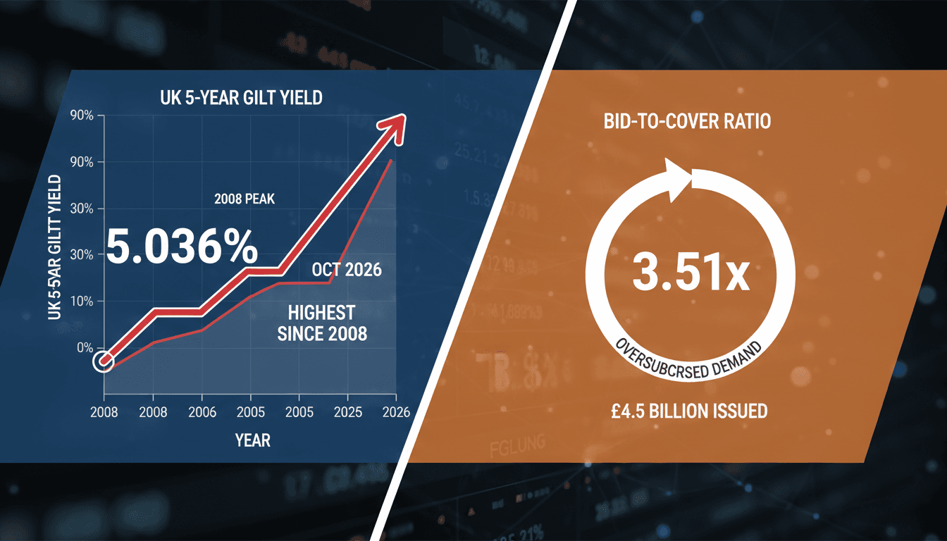 Line chart showing UK five-year gilt yields peaking at 5.036 percent during the October 2026 debt auction