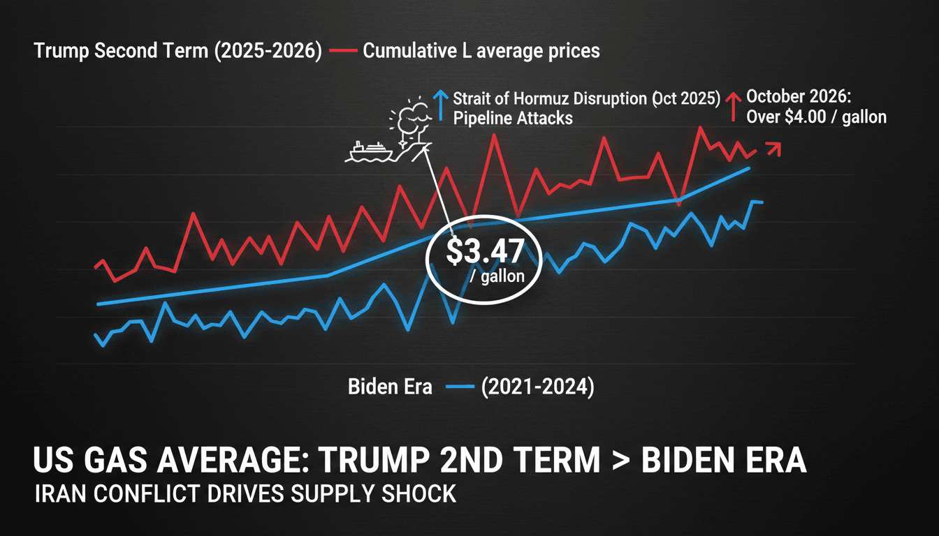 Line graph comparing U.S. gas price averages between the Trump and Biden administrations with Middle East conflict markers.