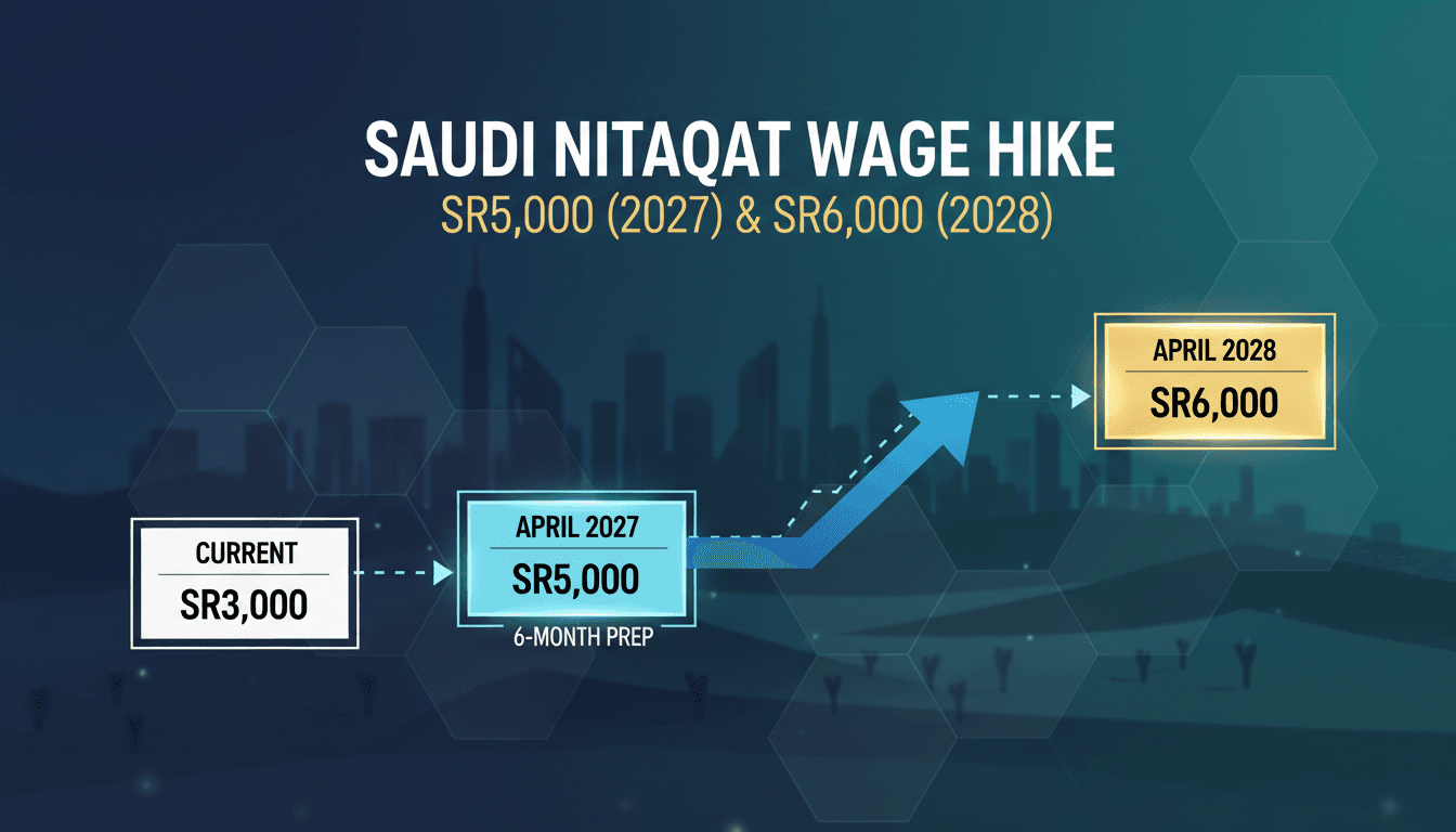 Timeline infographic showing the phased increase of the Saudi Nitaqat wage threshold to SR6,000 by 2028