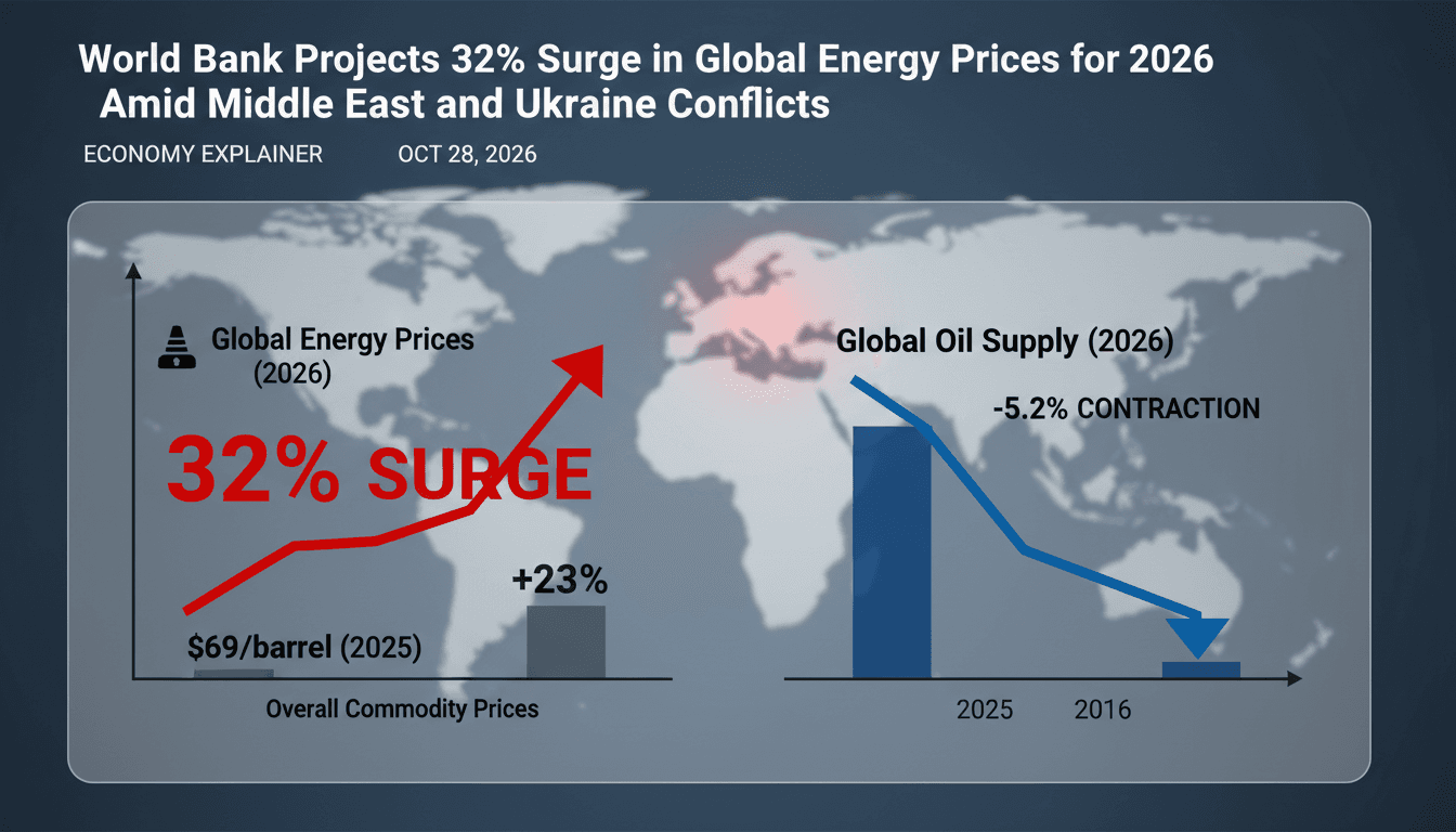 Chart tracking the 32 percent surge in global energy prices and oil supply decline for 2026 based on World Bank data.