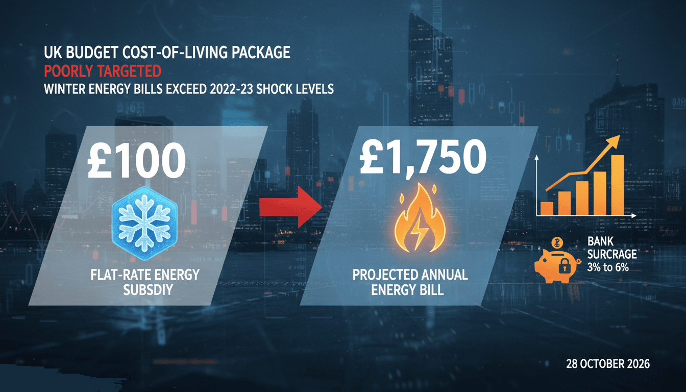 Data graphic illustrating the UK's £4.4bn cost-of-living package showing £100 household energy payments versus £1,750 bills.