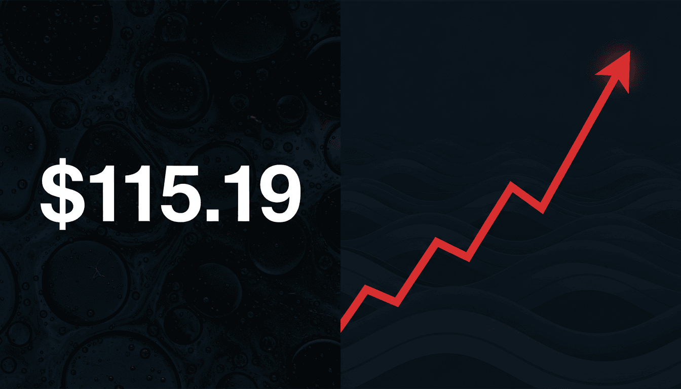 Minimalist dark display showing Brent crude oil price at 115.19 dollars following Saudi oil assets disruption