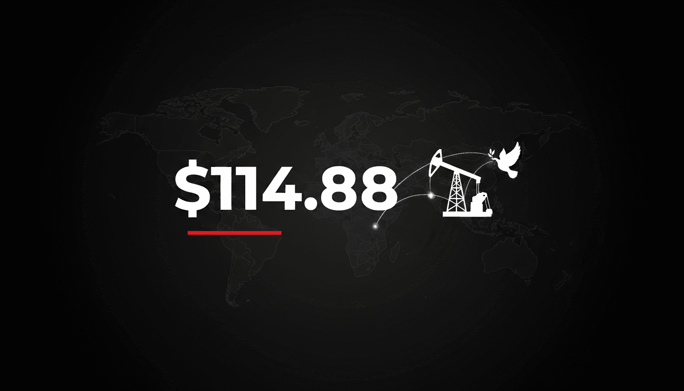 Minimalist financial graphic displaying Brent crude oil price at 114.88 dollars following US Iran diplomatic talks