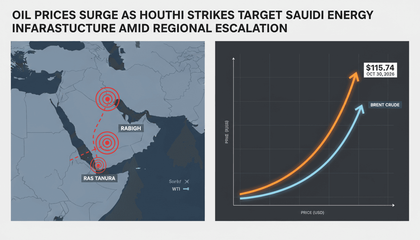 Line chart showing Brent crude rising to 115 dollars per barrel next to a map of Saudi energy sites including Ras Tanura.