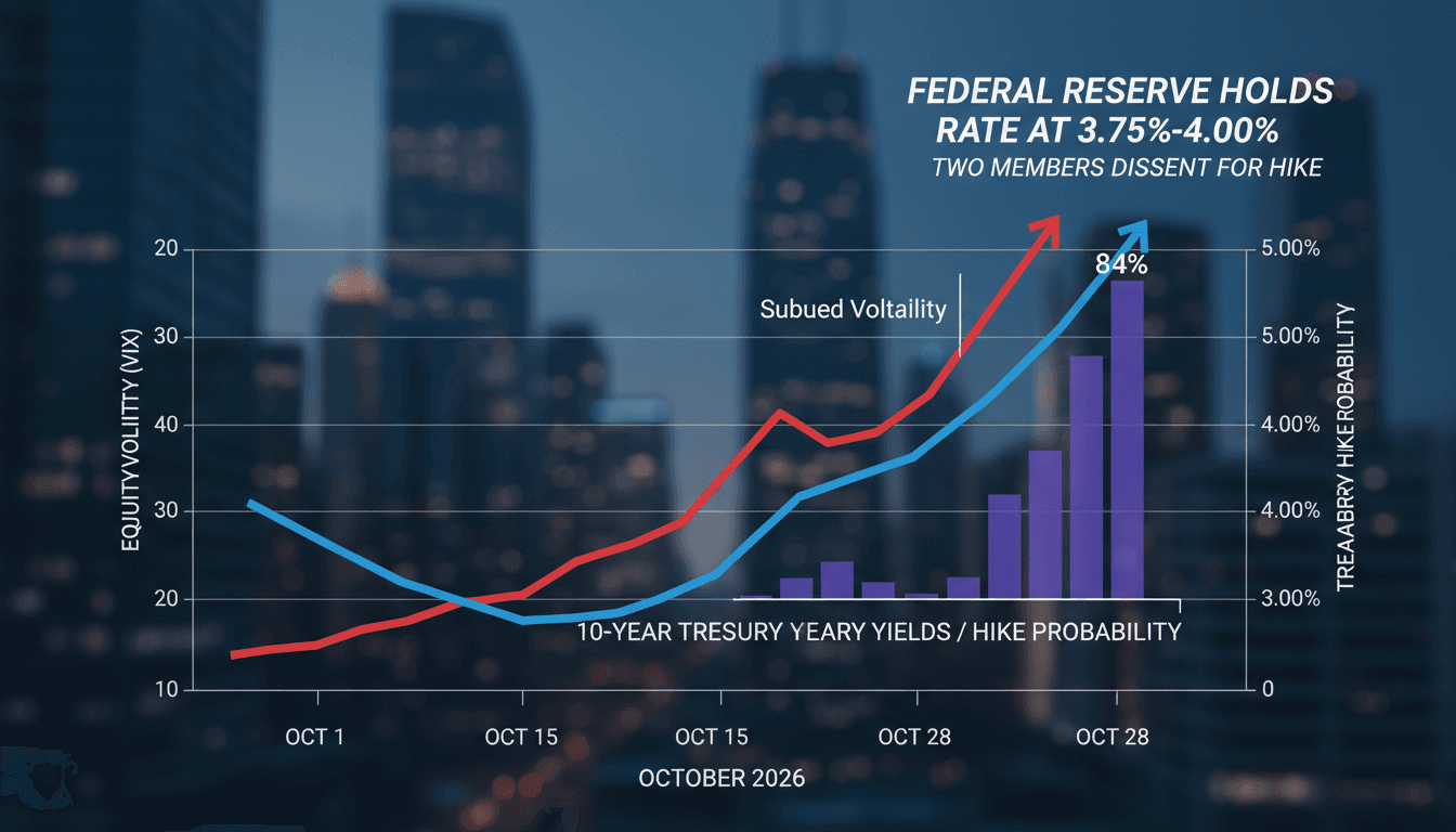 Federal Reserve monetary policy dashboard displaying benchmark interest rates at 3.75 to 4.00 percent and 84 percent December hike odds