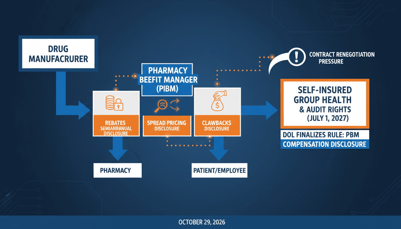 Diagram of pharmacy benefit manager compensation disclosure model showing drug manufacturers, PBMs, and self-insured health plans