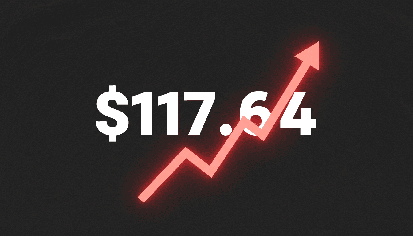Minimalist data card displaying $117.64 Brent crude price surge against a dark charcoal slate background