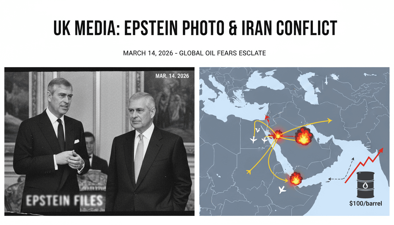 UK Media Highlights Epstein Photograph and Escalating Iran Conflict on March 14, 2026